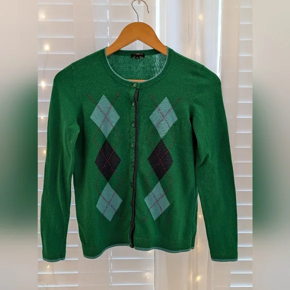Talbot's Womans Green Cardigan Argyle 5% Cashmere Size SP - Picture 2 of 11